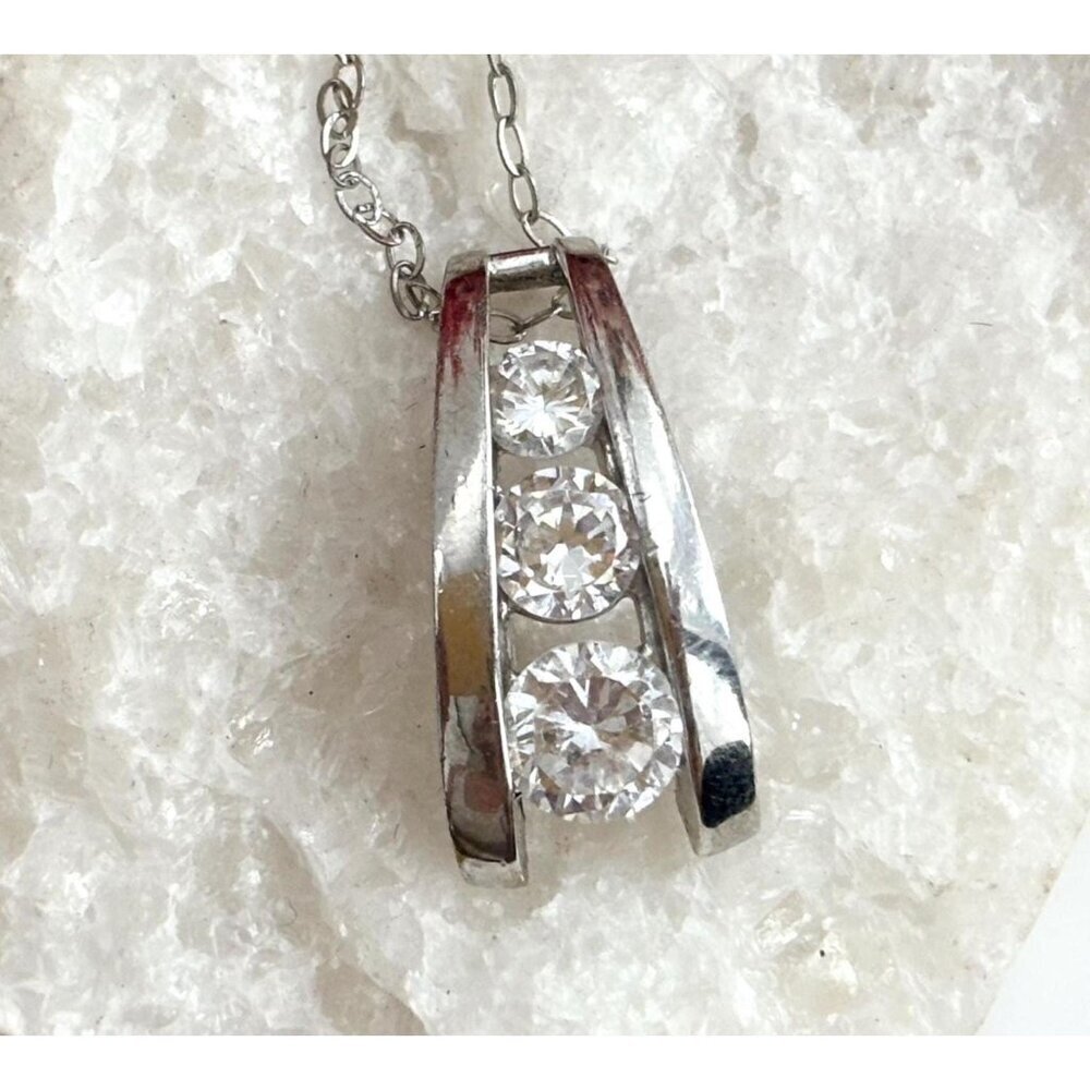Triple Stoned Cubic Zirconia Minimalist Sterling Silver 925 Vintage Necklace 16"